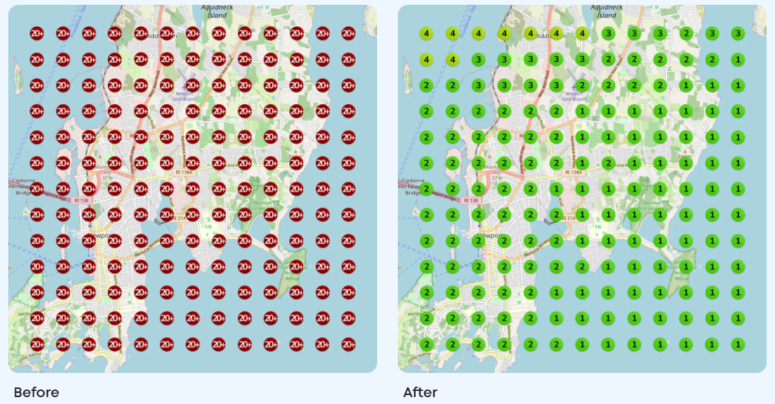 Google Maps ranking geo-grid showing before and after optimization — moving from rank 20+ to rank 1-4 across the service area